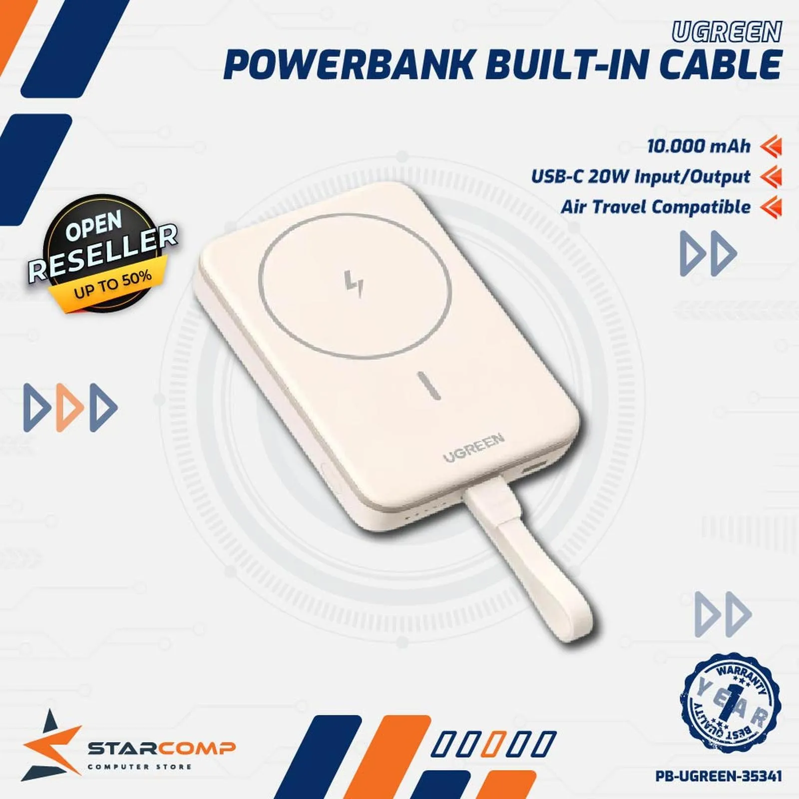 PB UGREEN BUILT-IN KABEL 10.000MAH BEIGE (35341)