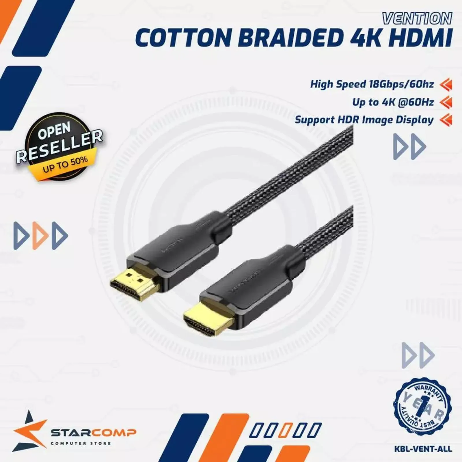 KABEL BRAIDED VENTION HDMI MALE TO MALE 5M (ALLBJ)