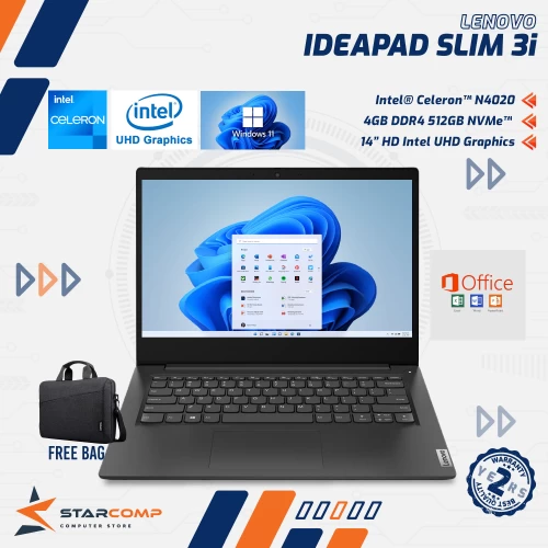 LENOVO IDEAPAD SLIM 3I | CELERON N4020 4GB 512GB SSD 14" HD BUSSINESS BLACK - 7HID