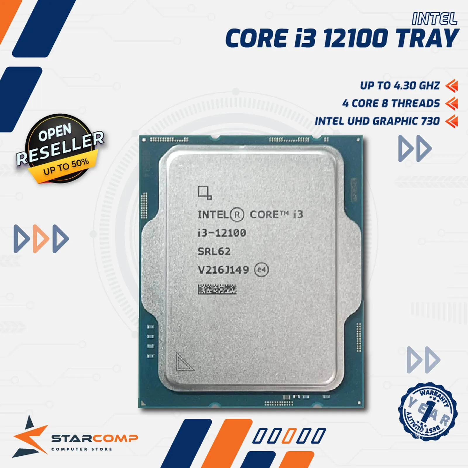 PROCESSOR INTEL CORE I3 12100 TRAY NO FAN