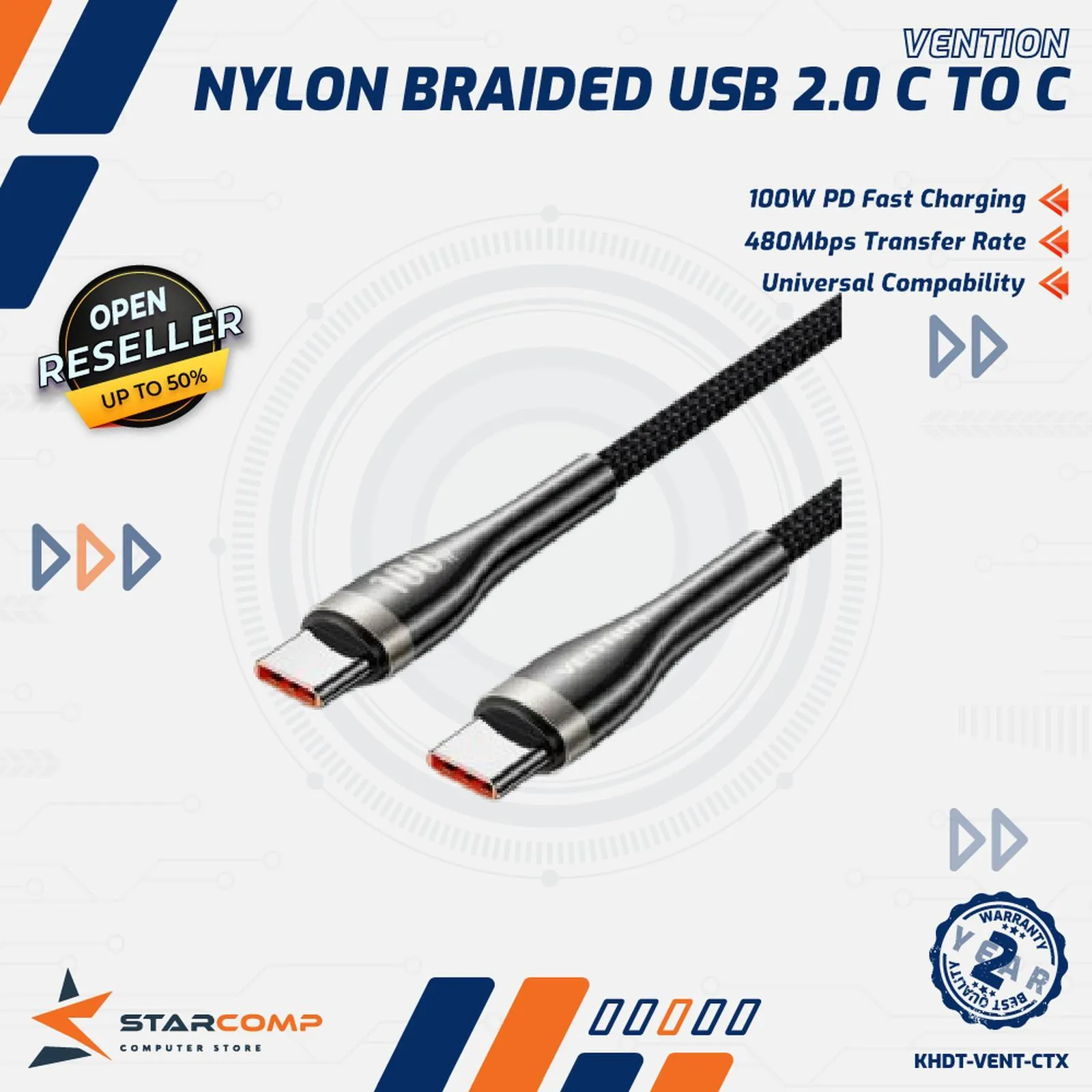 KABEL DATA VENTION TYPE C TO C NYLON 1.2M 100W (CTXBAV)