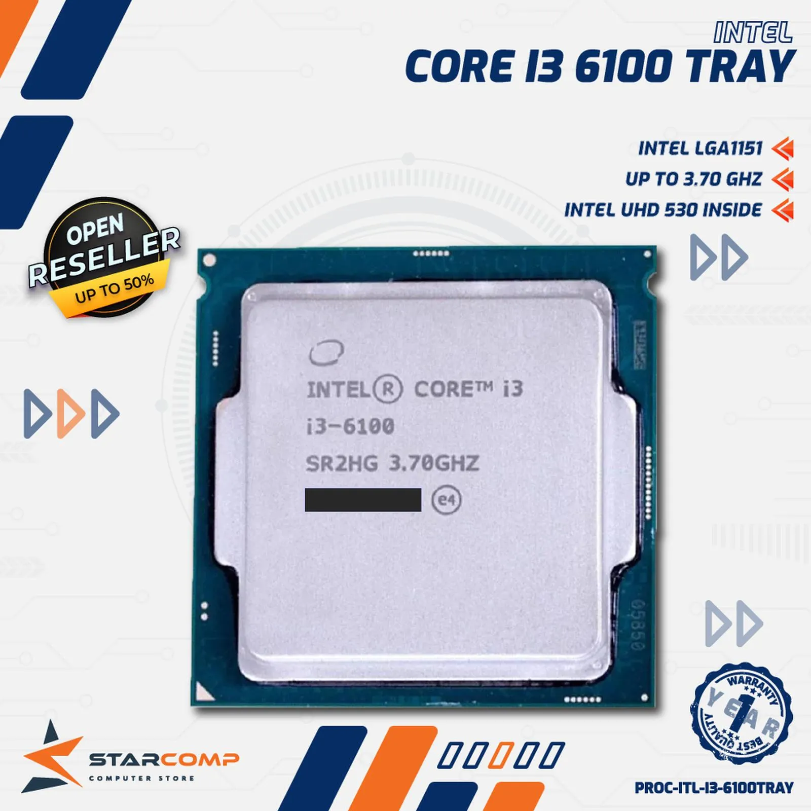 PROCESSOR INTEL CORE I3 6100 TRAY NO FAN