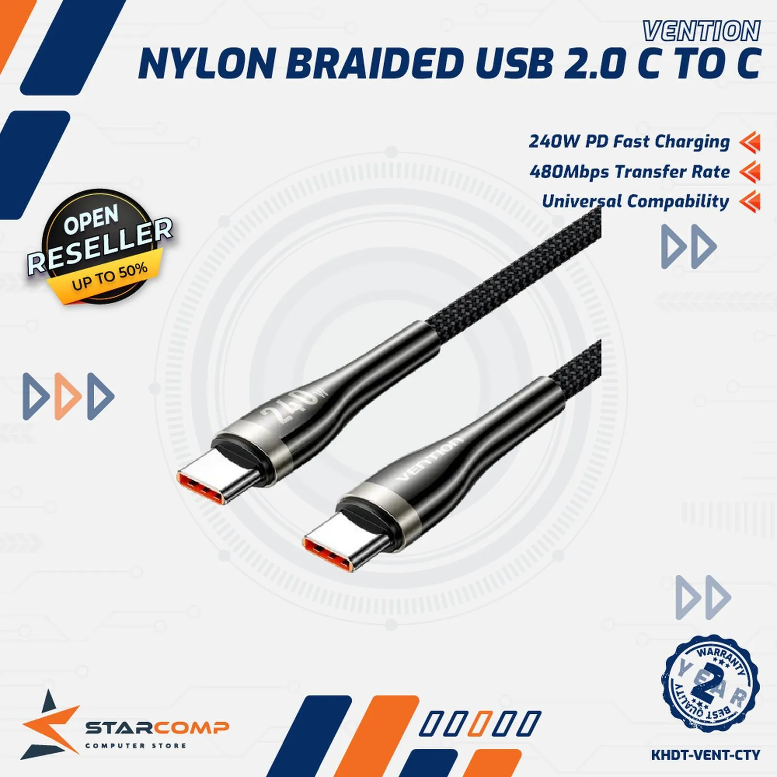 KABEL DATA VENTION TYPE C TO C NYLON 2M 240W (CTYBH)