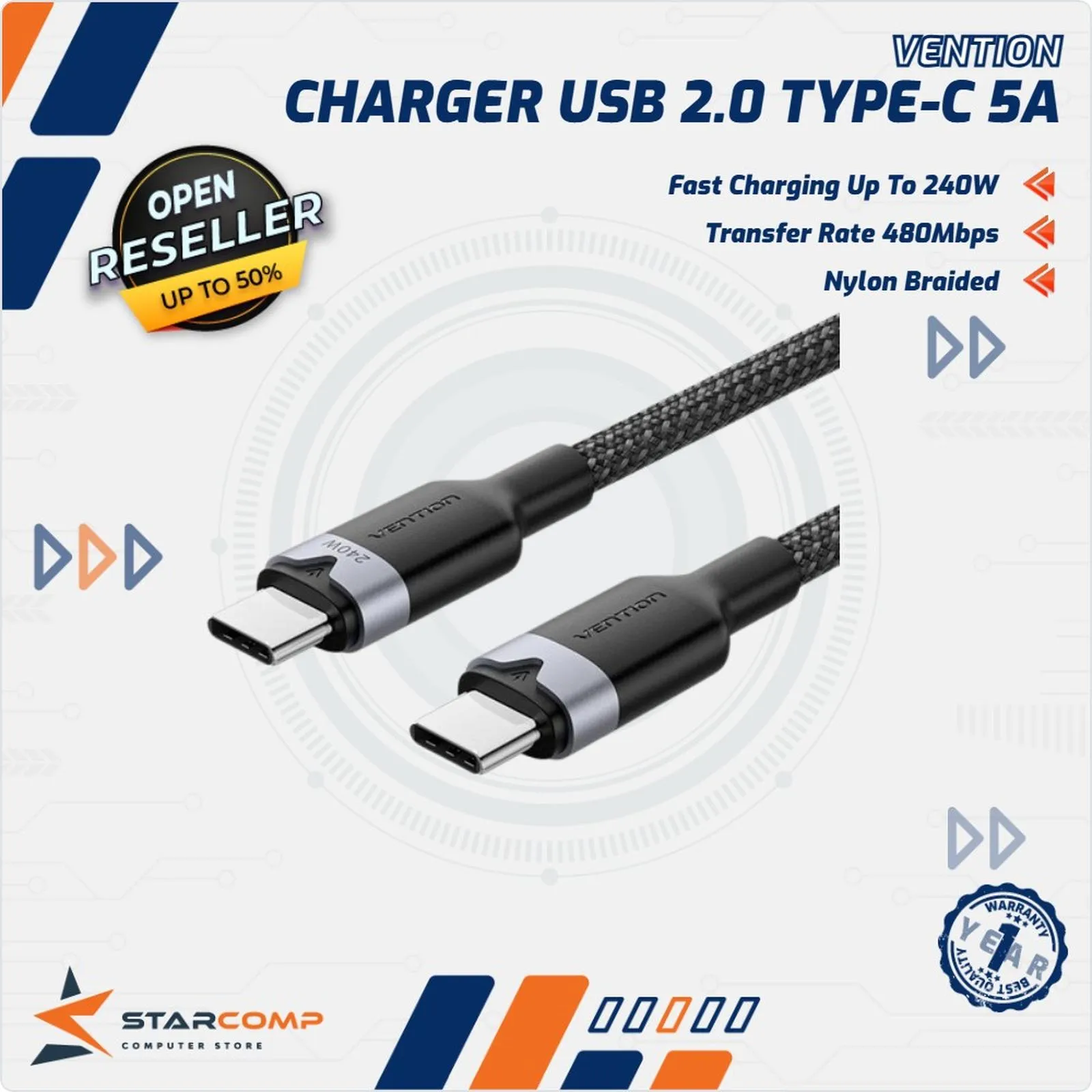 KABEL VENTION USB 2.0 TYPE-C MALE TO TYPE-C MALE 5A CABLE 2M (TRIWH / TRIBH)
