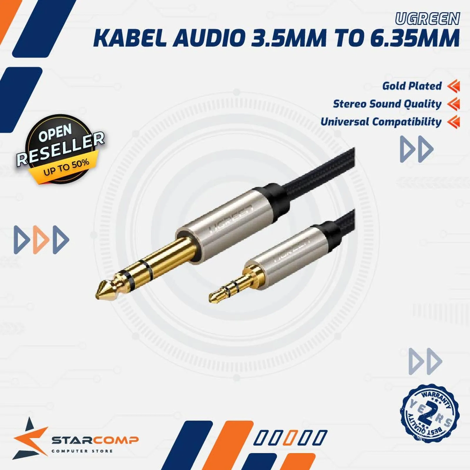 KABEL AUDIO UGREEN 3.5MM TO 6.35MM M/M 3M (10629)