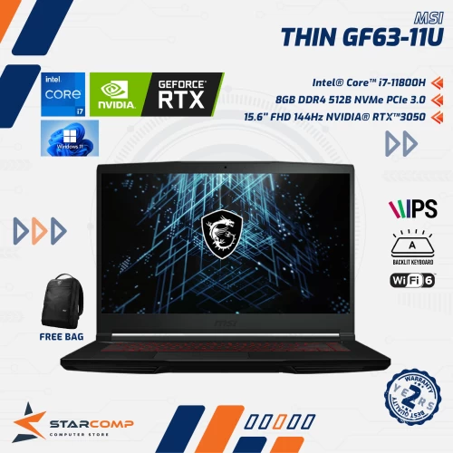 MSI THIN GF63 11UC CORE I7 11800H 8GB 512GB RTX3050 15.6" FHD IPS 144HZ W11