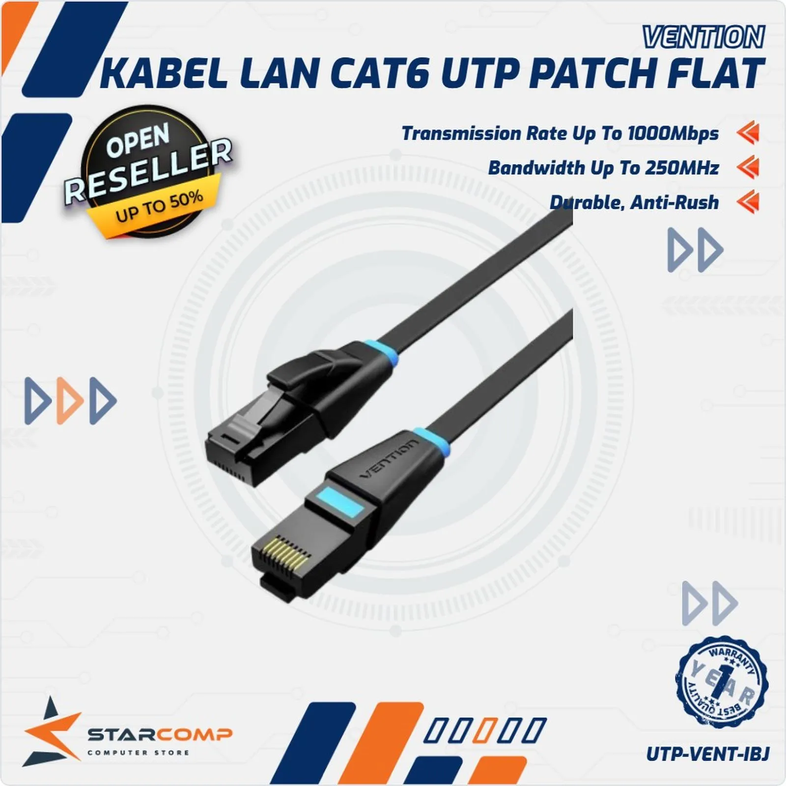 KABEL LAN VENTION CAT 6 FLAT 10M UTP PATCH (IBJBL)